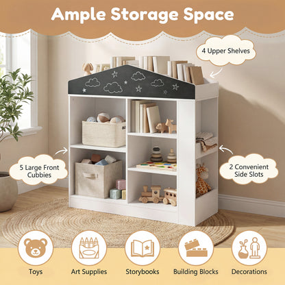 The kids storage unit with labels highlighting the storage space and shelf types