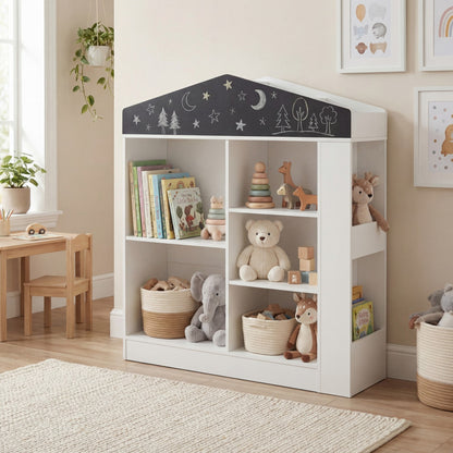 The kids storage unit placed in a bright nursery with toys and books on the shelves