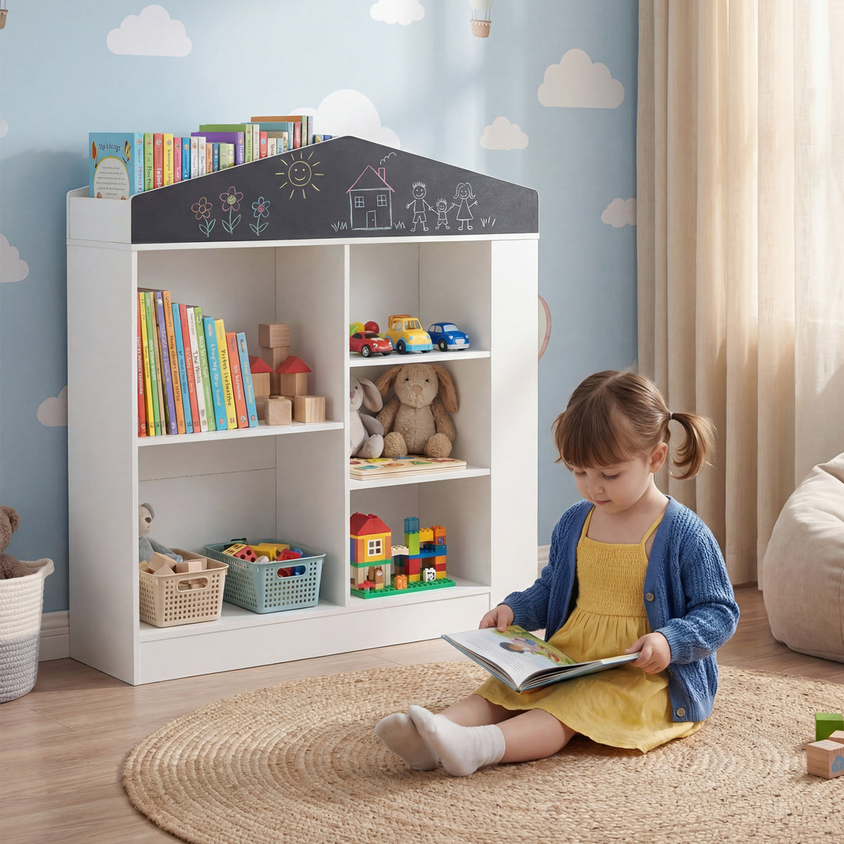 A young girl sitting on a rug reading a book in front of the kids storage unit