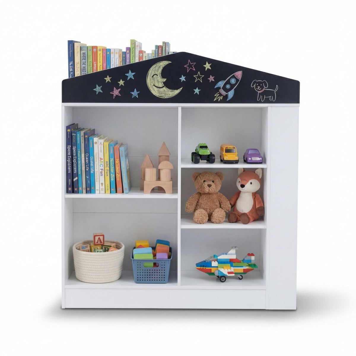 House shaped toy storage organizer filled with books, stuffed animals and toy cars