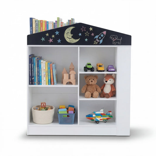 House shaped toy storage organizer filled with books, stuffed animals and toy cars