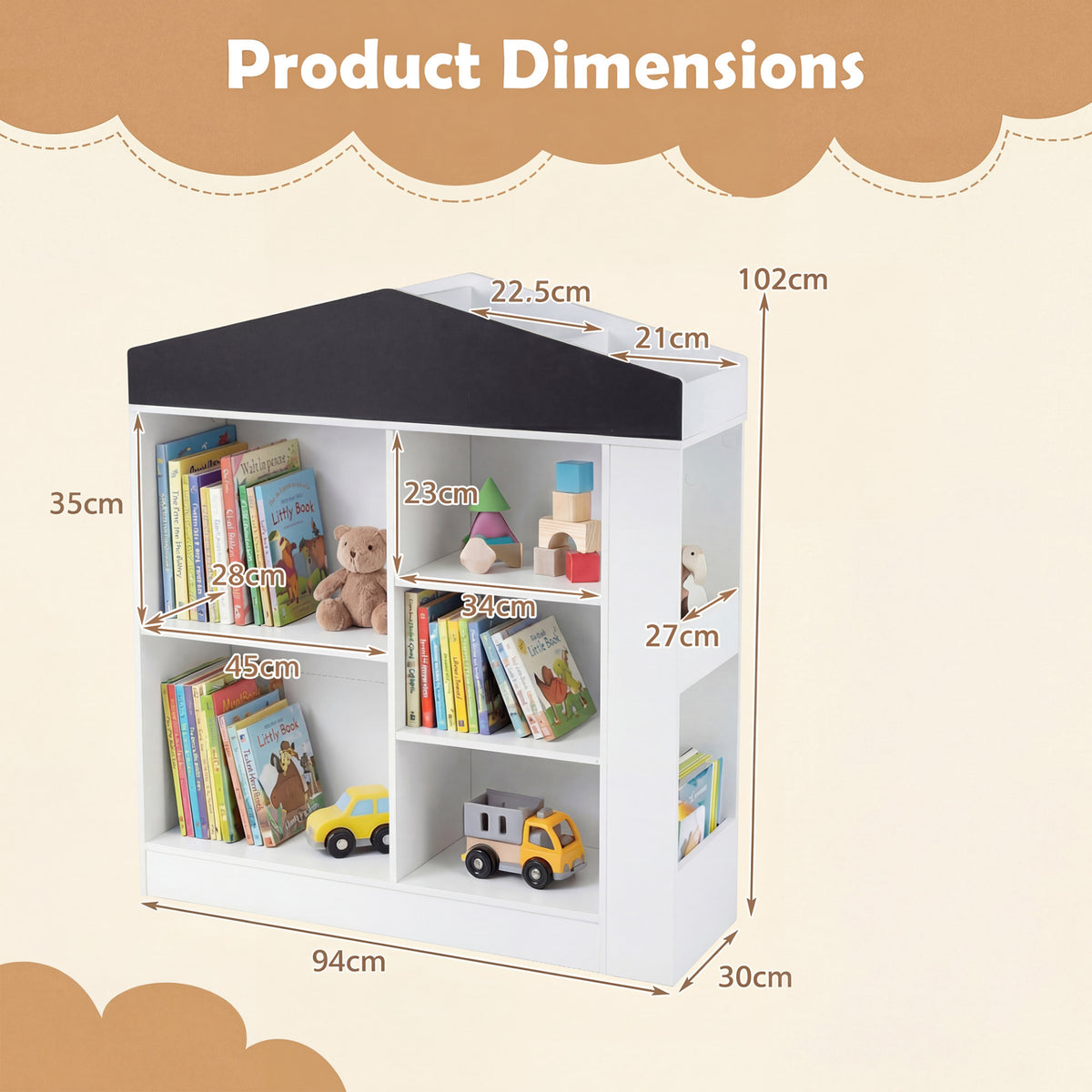 The kids storage unit with labels showing the dimensions of the shelves and frame
