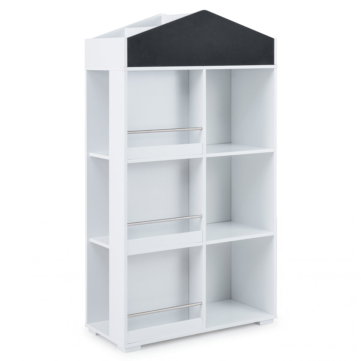 White kids storage organiser with house shaped top and chalkboard