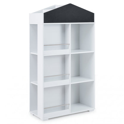 White kids storage organiser with house shaped top and chalkboard