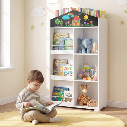 Kids storage organiser with books and toys in a nursery room