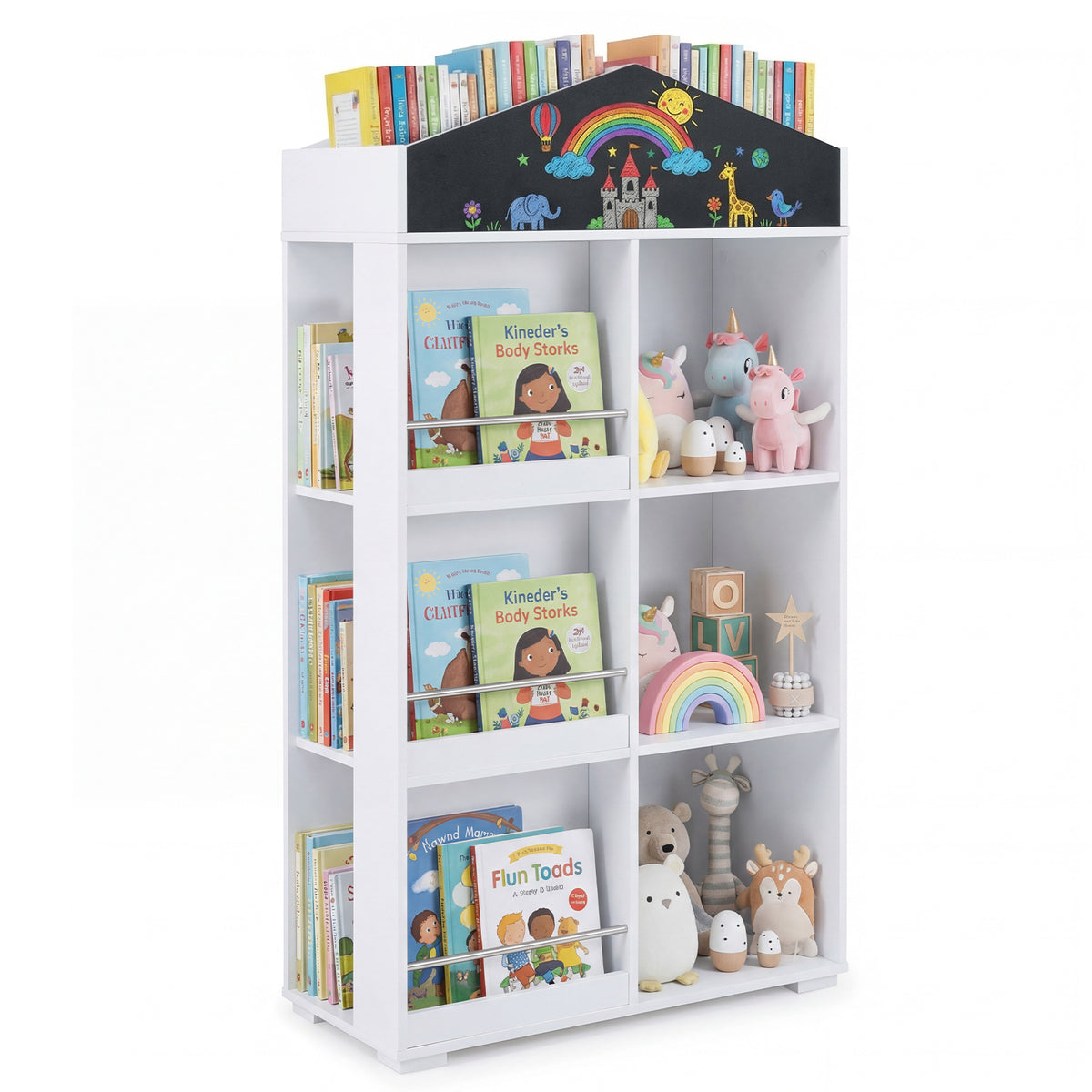 House shaped toy storage organiser with compartments and chalkboard in white