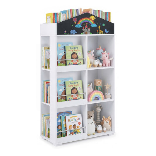 House shaped toy storage organiser with compartments and chalkboard in white