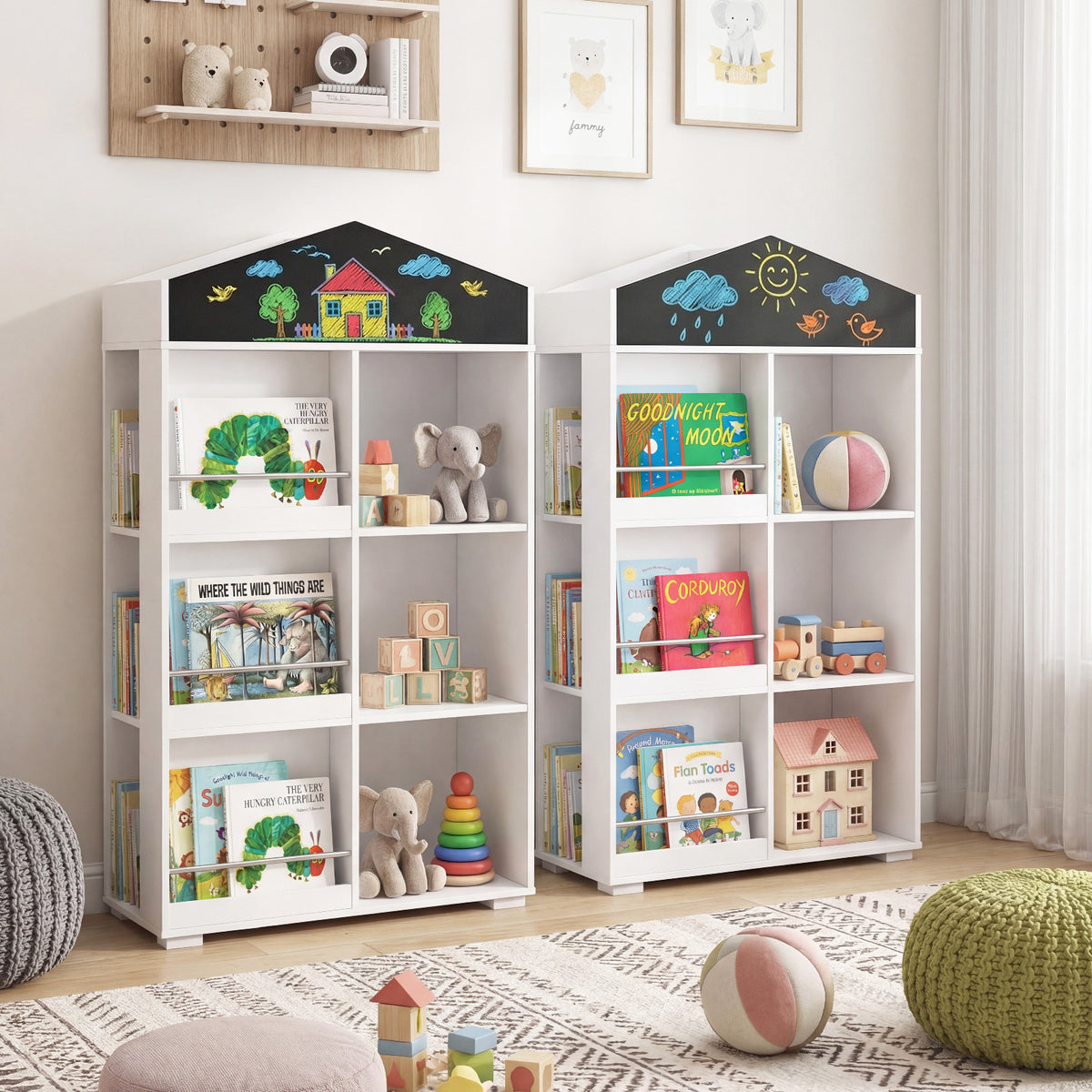 Two white house shaped toy storage organisers side by side