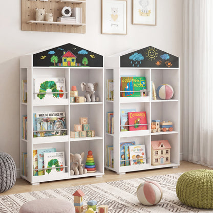 Two white house shaped toy storage organisers side by side