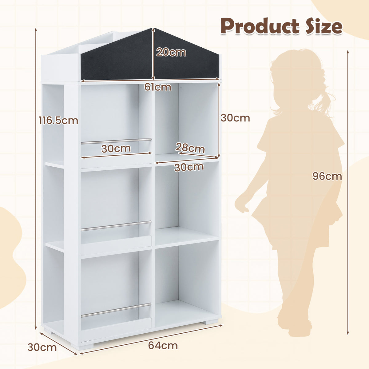 Product size diagram for the house shaped toy storage organiser
