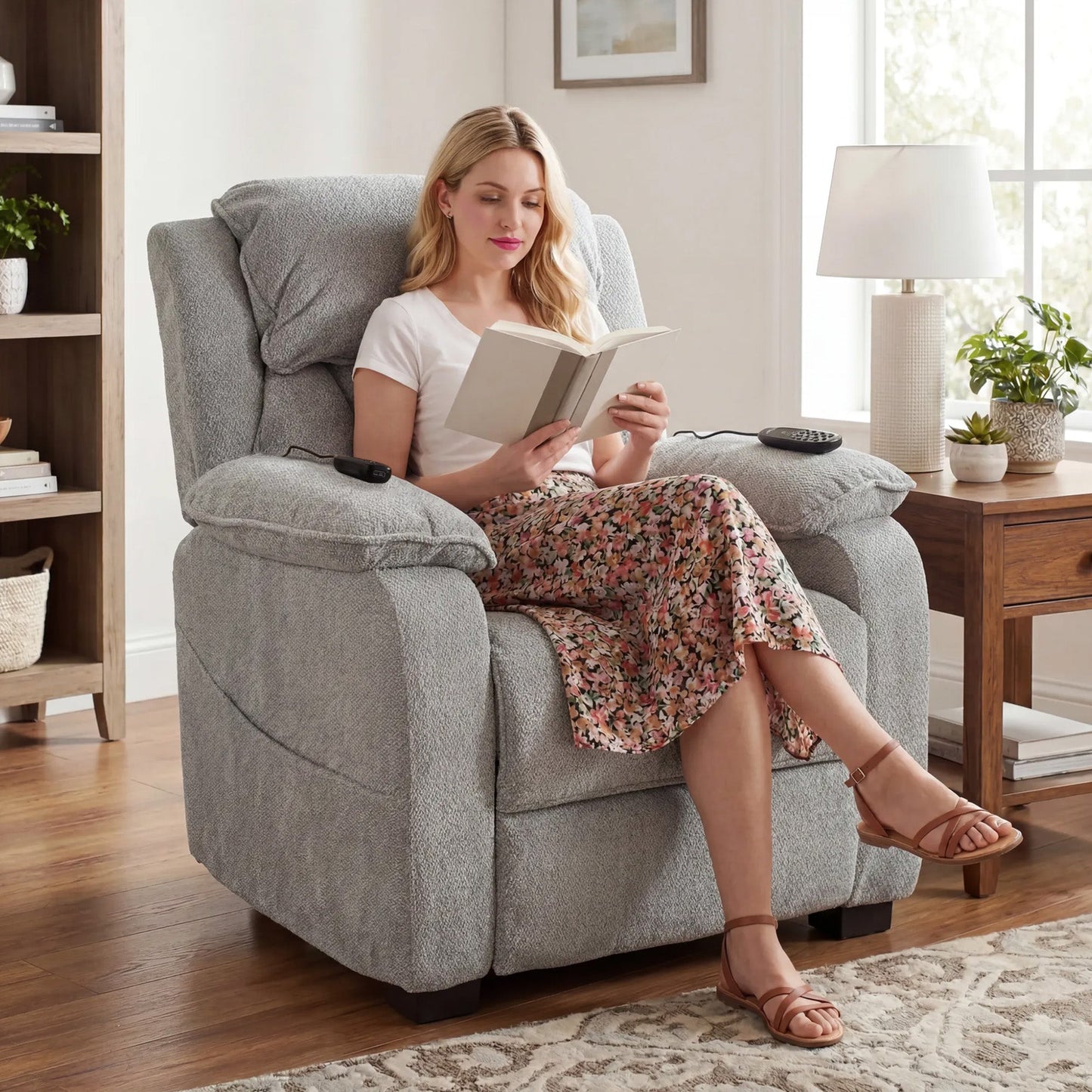 HOMCOM Power Recliner Armchair with Massage and Heat, Electric Reclining Chair with Wide Spring Seat, Light Grey