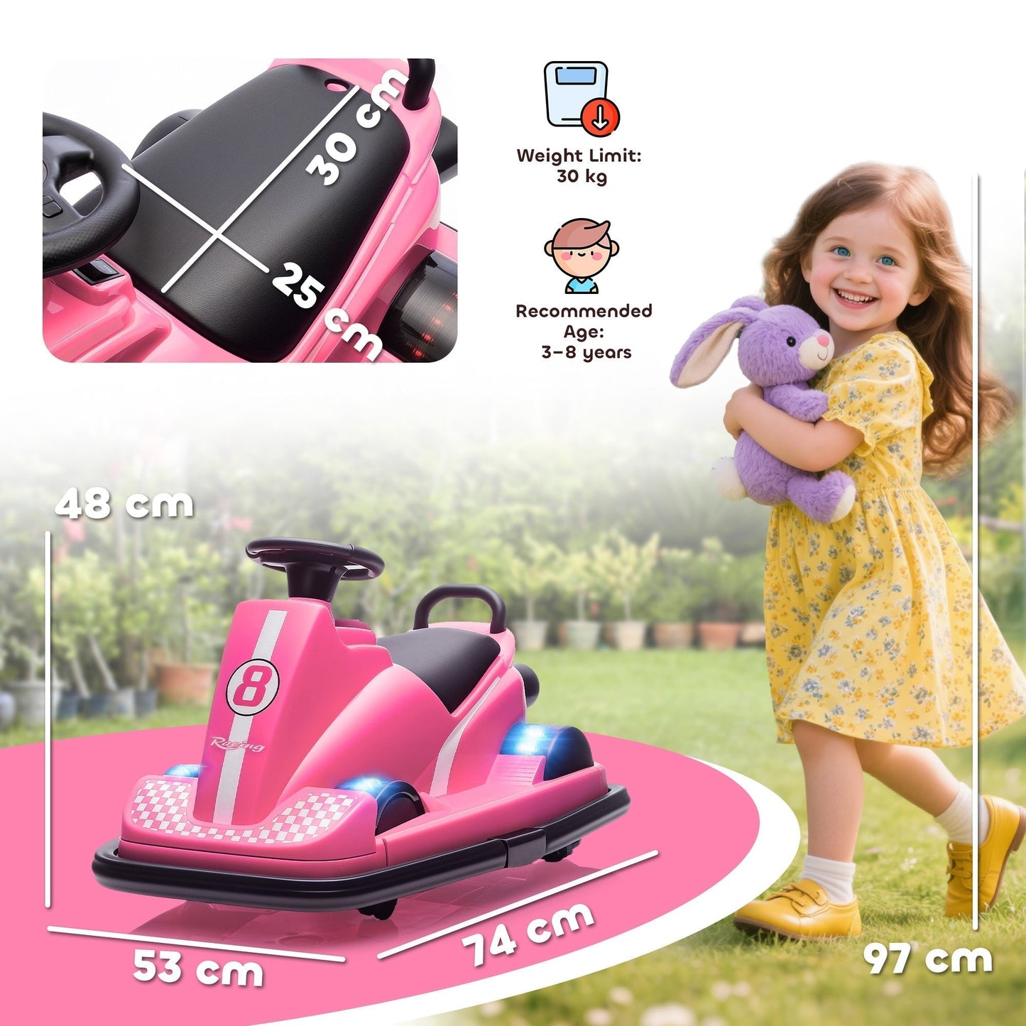 AIYAPLAY Kids Bumper Car, 360 degrees Rotation Spin Electric Waltzer Car with LED Lights, Music for Ages 3-8 Years Old, Pink