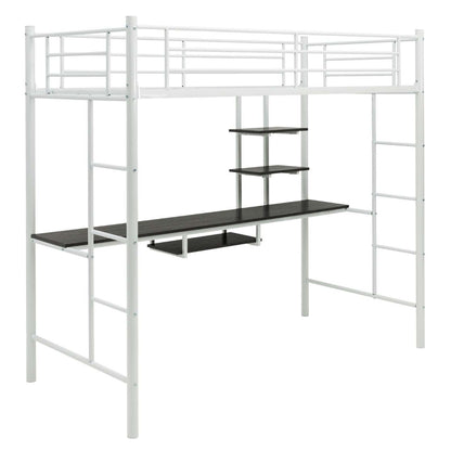 Metal Bunk Bed Frame High Sleeper with Desk and Storage Shelves-White