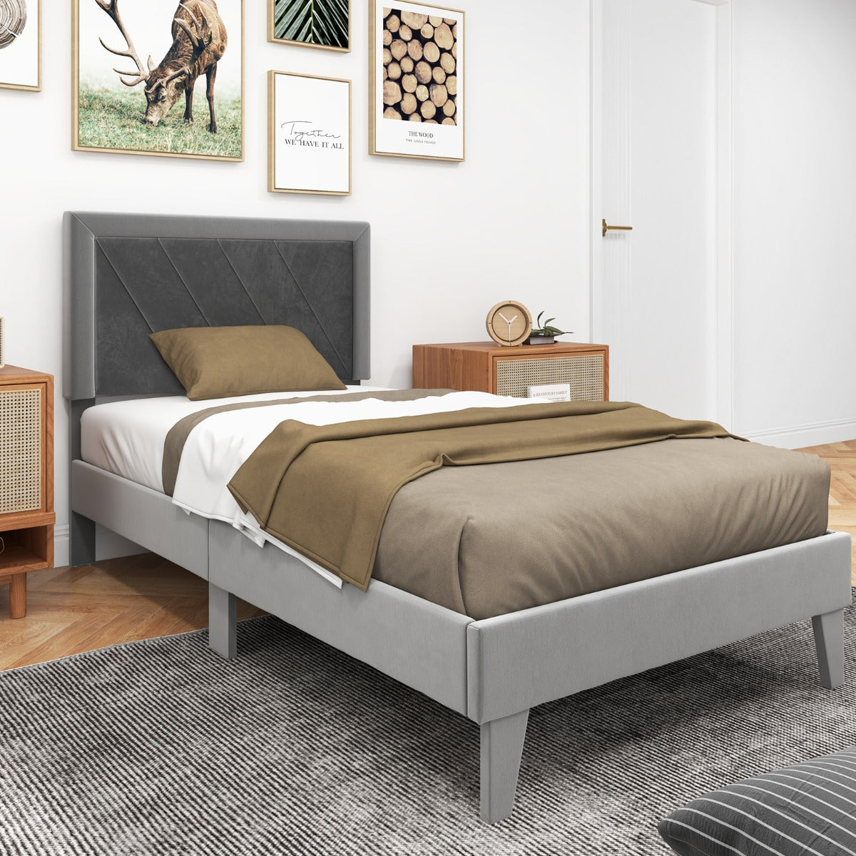 Single/Double Platform Bed with High Headboard &12 Wooden Slats-Single Size