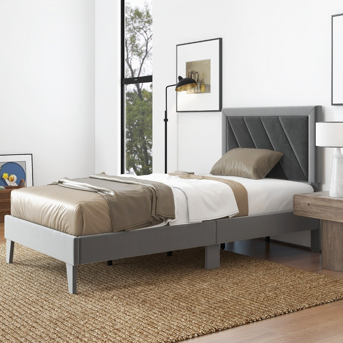 Single/Double Platform Bed with High Headboard &12 Wooden Slats-Single Size