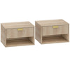 HOMCOM Set of 2 Wall Mounted Nightstands, Floating Bedside Tables with Fluted Drawer and Open Shelf for Small Bedroom, Oak