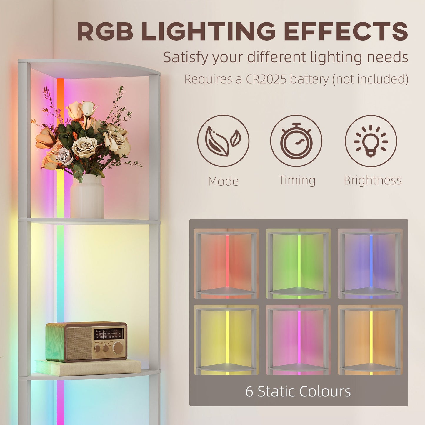 مصباح أرضي LED RGB من HOMCOM مع أرفف، مصباح قائم خافت بـ 5 مستويات سطوع قابل للتعديل وجهاز تحكم عن بعد، وحدة رف عرض زاوية عصرية لغرفة المعيشة وغرفة النوم والمكتب، رمادي
