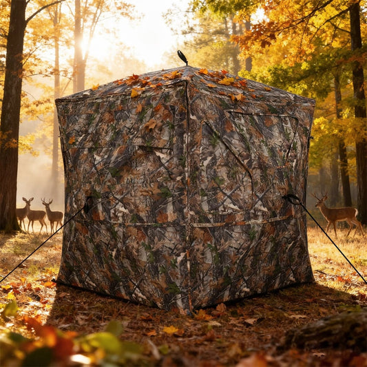 Hunting Blind 270°/360° See Through Pop Up Hunting Tent set up in woodland with deer in the background