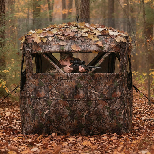 The hunting tent in use with a person aiming a rifle through a window