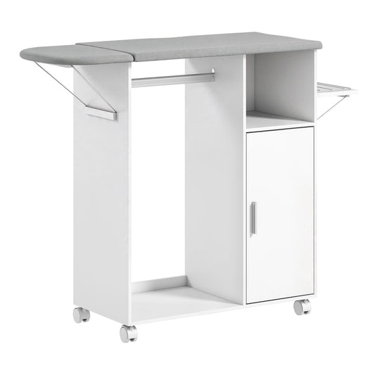 HOMCOM Rolling Ironing Board Cabinet, Foldable Ironing Station with Storage, Wheels for Home, Laundry Room, White