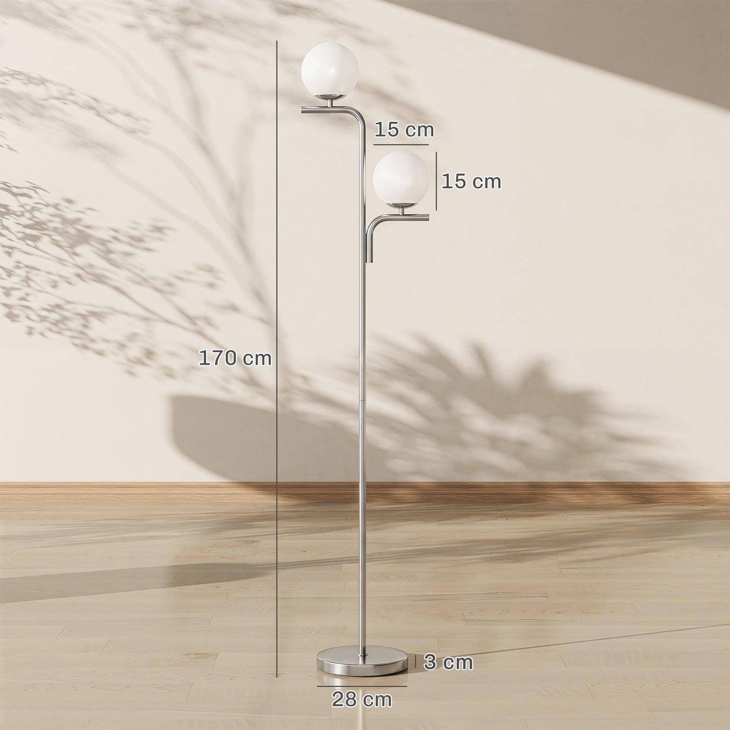 HOMCOM LED Floor Lamp, Modern Standing Lamp with 3 Colour Temperatures, Globe Glass Shades and Foot Switch, Silver Tone