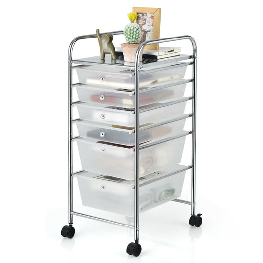 6 Drawers Storage Trolley with transparent drawers and a metal frame on wheels
