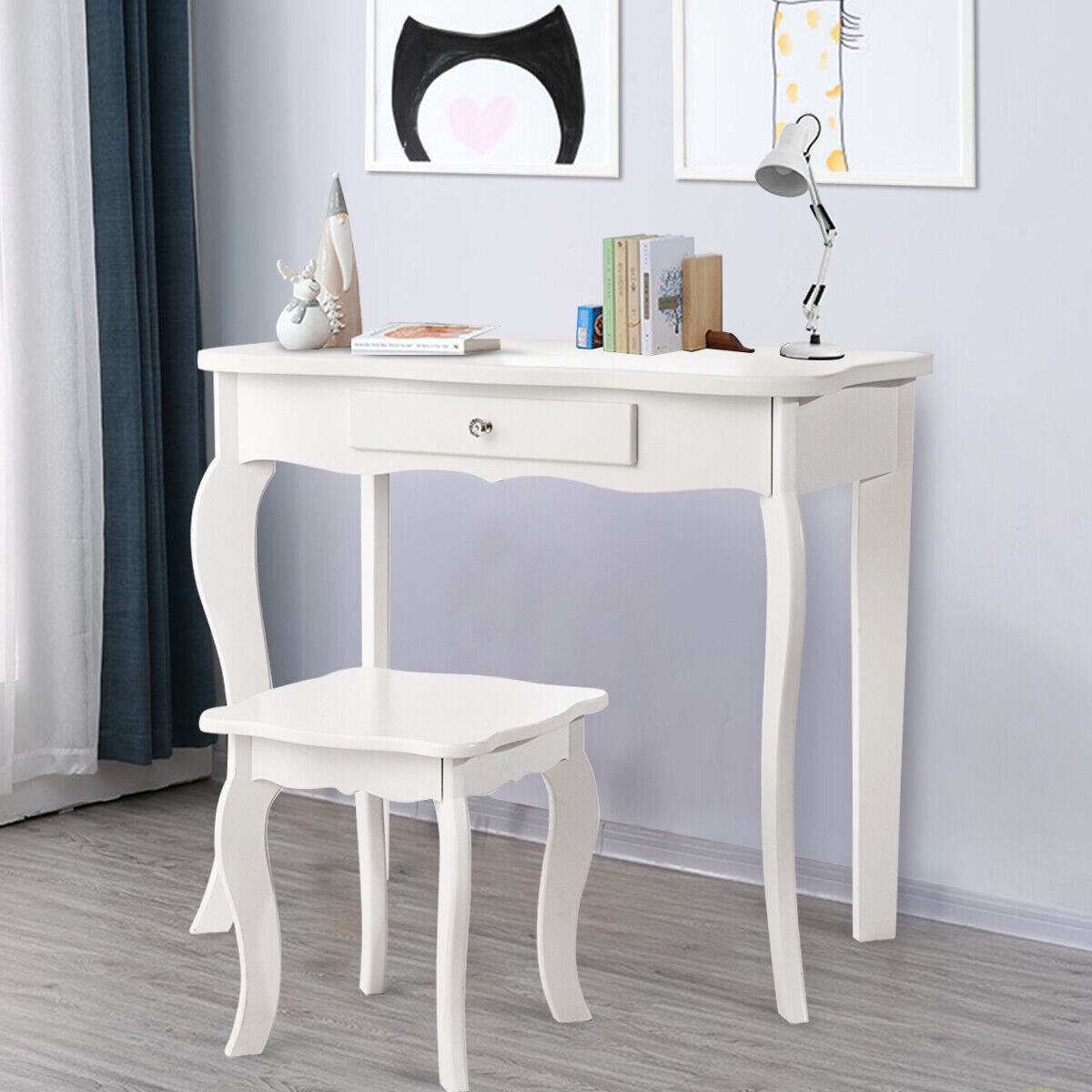 Kids Wooden Vanity Table and Stool Set with Detachable Top Folding Mirrors-White