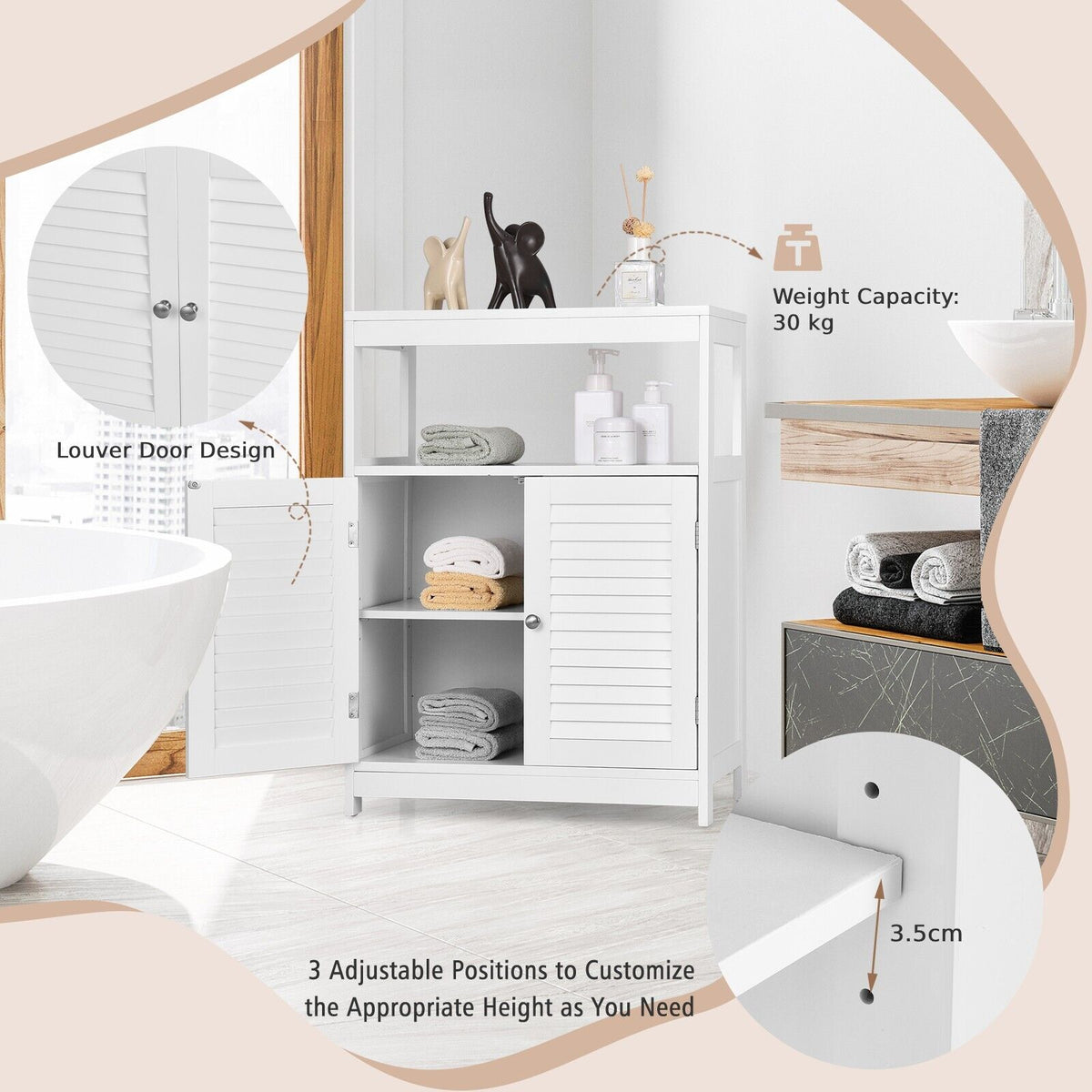 Bathroom Floor Cabinet with Double Shutter Door and Adjustable Shelf-White