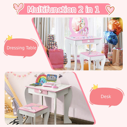 Kids Vanity Table and Chair Set with Mirror and Detachable Top-White