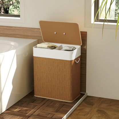 HOMCOM Double Laundry Basket with Lid, 100L Bamboo Laundry Hamper with Rope Handles, Washing Basket with Removable Liner for Bathroom, Bedroom, Brown