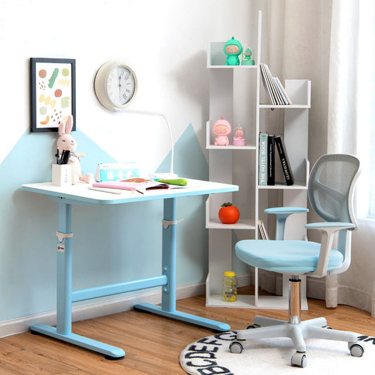 The swivel chair placed in a bright child bedroom next to a desk and a tall storage unit