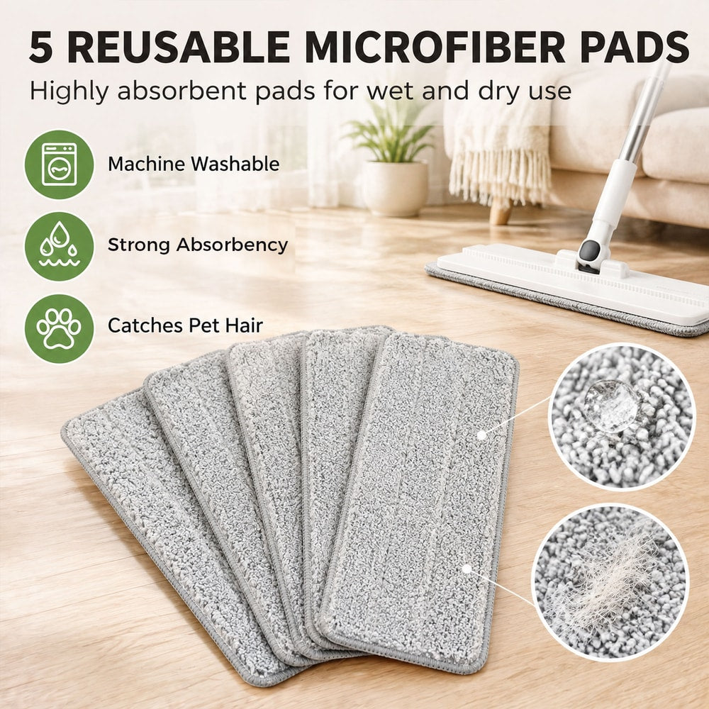 HOMCOM Mop and Bucket Set, Compact Flat Mop and Bucket with Wringer, 2-Port Design, 5 Reusable Microfiber Pads, White