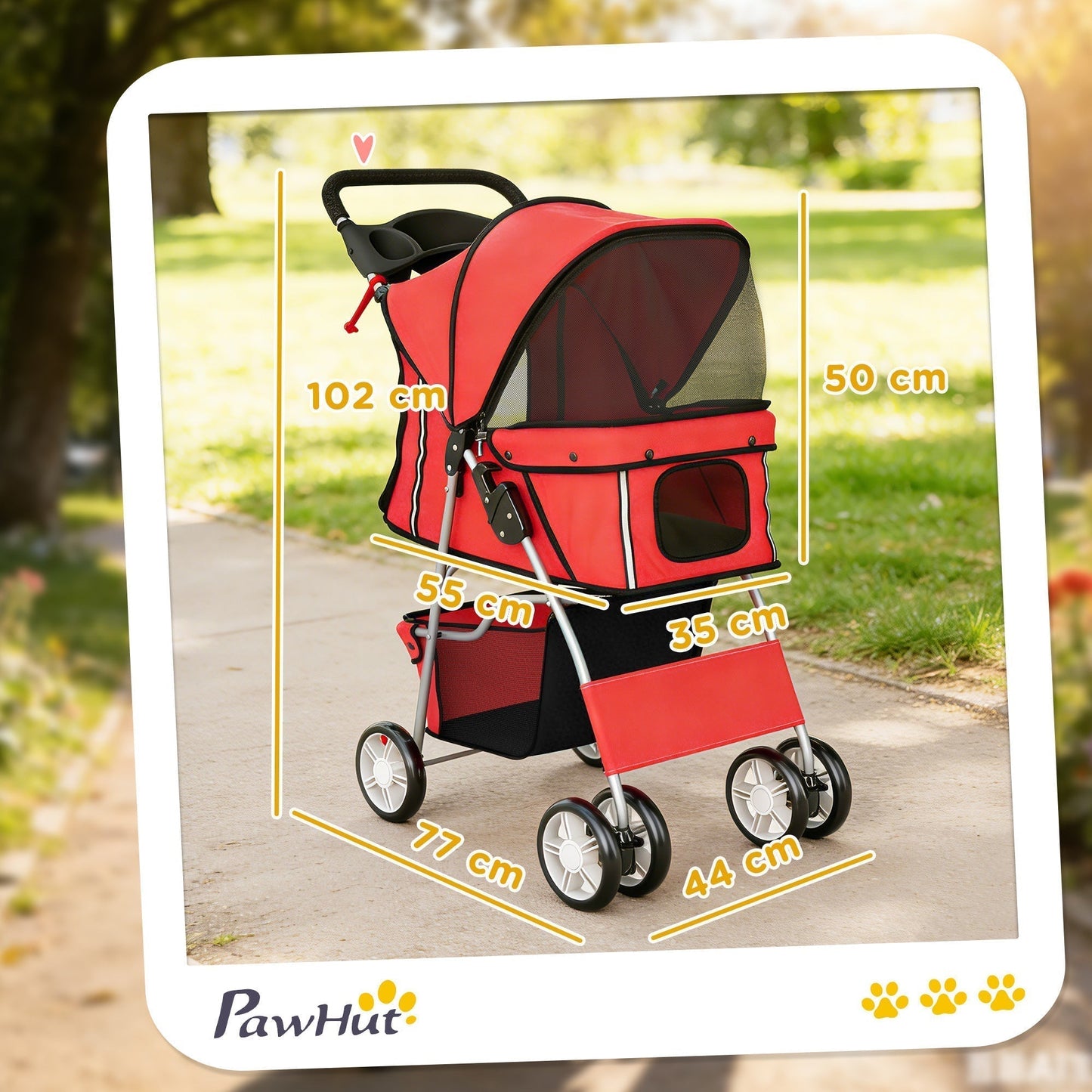 PawHut Dog Pram, Pet Stroller with Reflective Strips, Foldable Cat Stroller with 360 degrees Swivel Wheels, Red