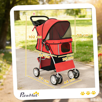 PawHut Dog Pram, Pet Stroller with Reflective Strips, Foldable Cat Stroller with 360 degrees Swivel Wheels, Red