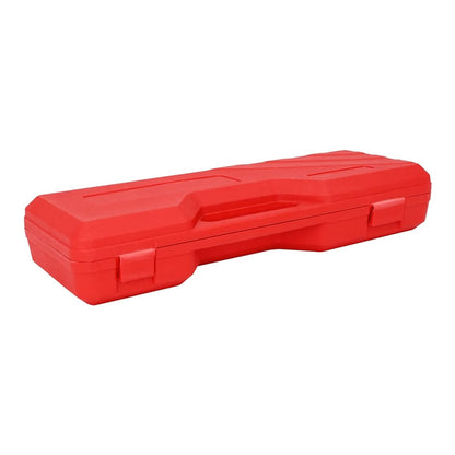 The closed red plastic case for the hydraulic crimping tool