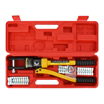 The red case is open showing the hydraulic crimping tool and dies