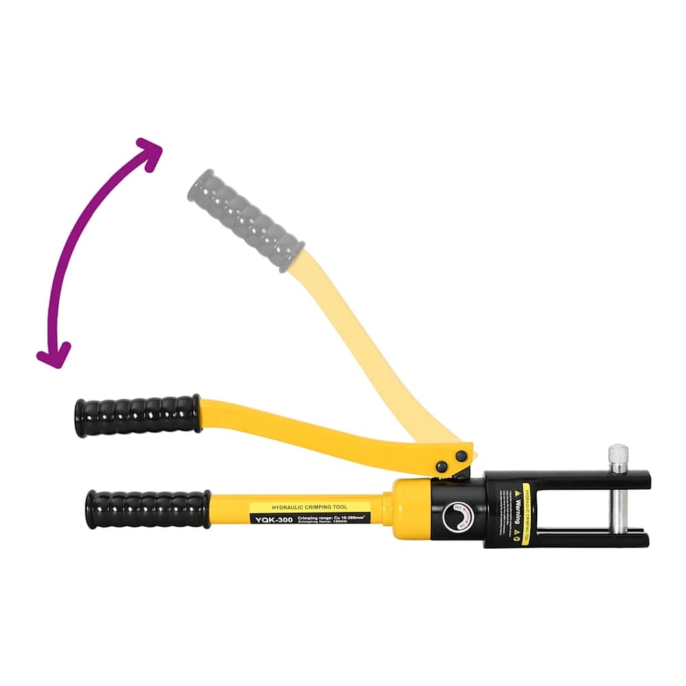 The hydraulic crimping tool with its handles open and closed
