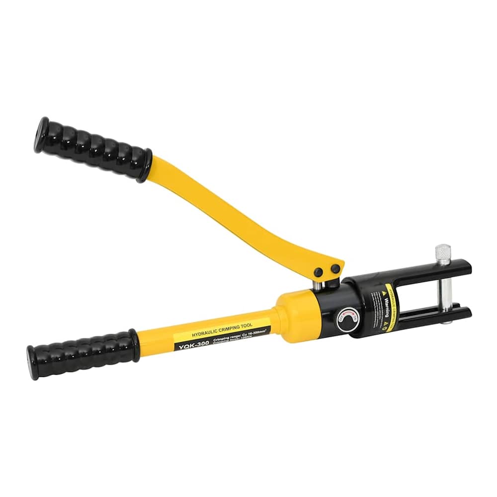 Close-up of the hydraulic crimping tool with yellow handles