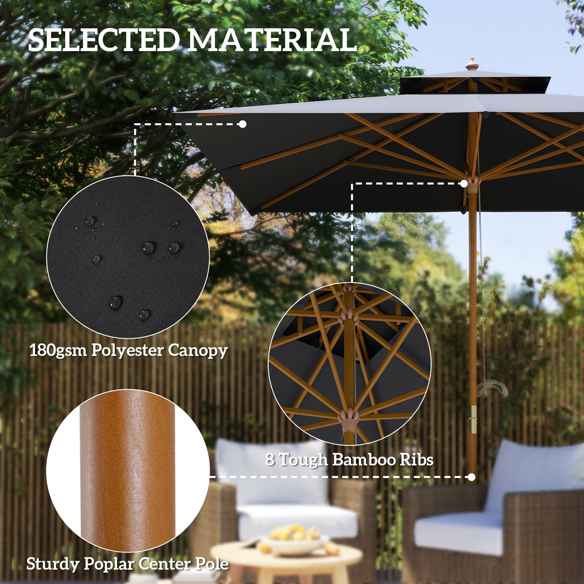 Outsunny 3 m Square Garden Parasol in Black