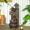 Outsunny 2-in-1 Waterfall Fountain with Birdhouse, Resin Garden Water Fountain with LED Lights Pump, Cascading Garden Water Feature with Tree Trunk Design, Multi-colour