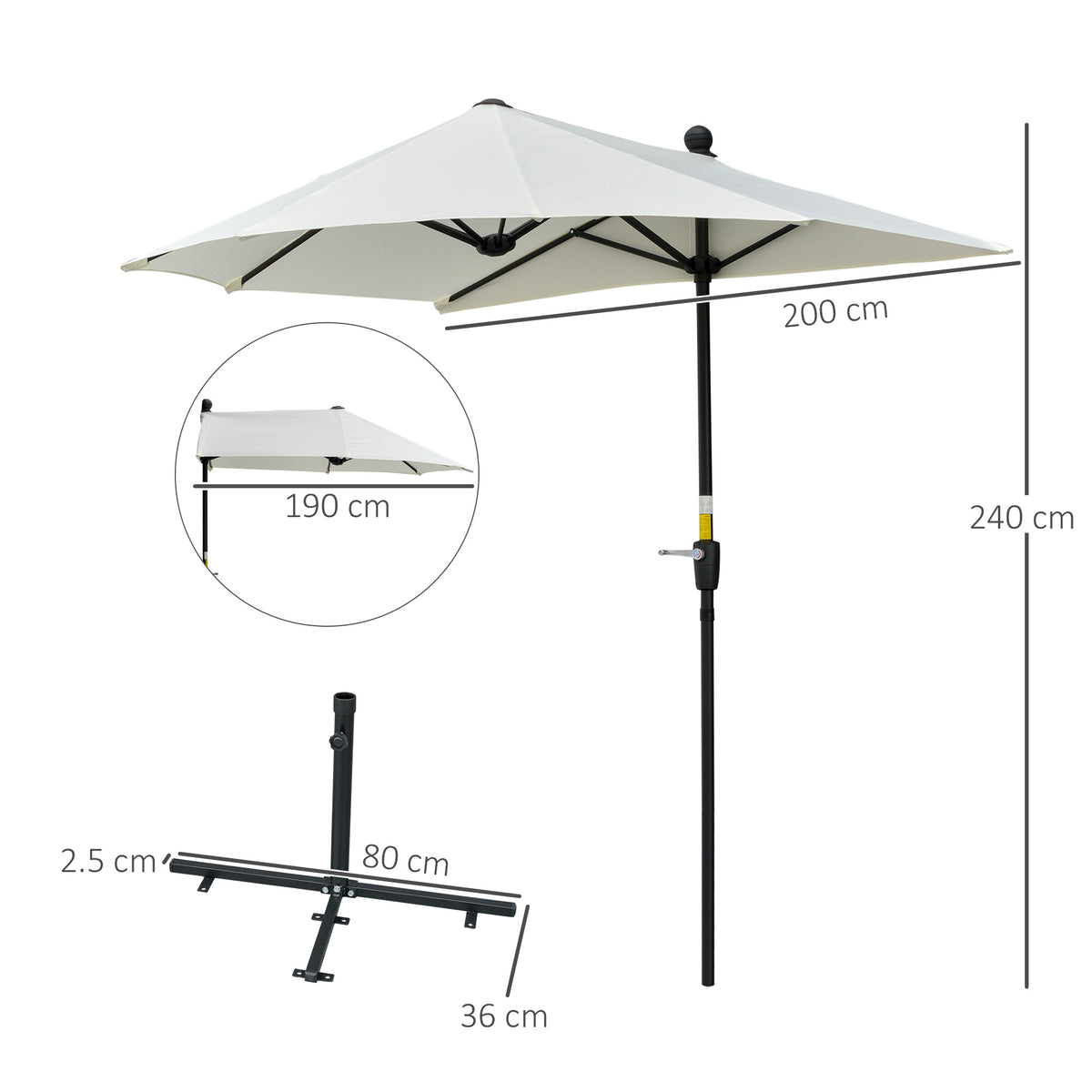 Outsunny 2m Half Parasol Market Umbrella in Cream White