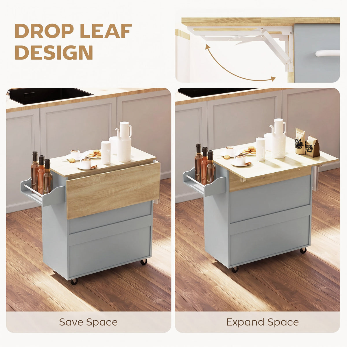 HOMCOM Kitchen Island with Drop Leaf in Grey