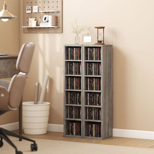 HOMCOM Set of 2 CD Media Display Shelf Unit Tower Rack with Adjustable Shelves, Distressed Grey