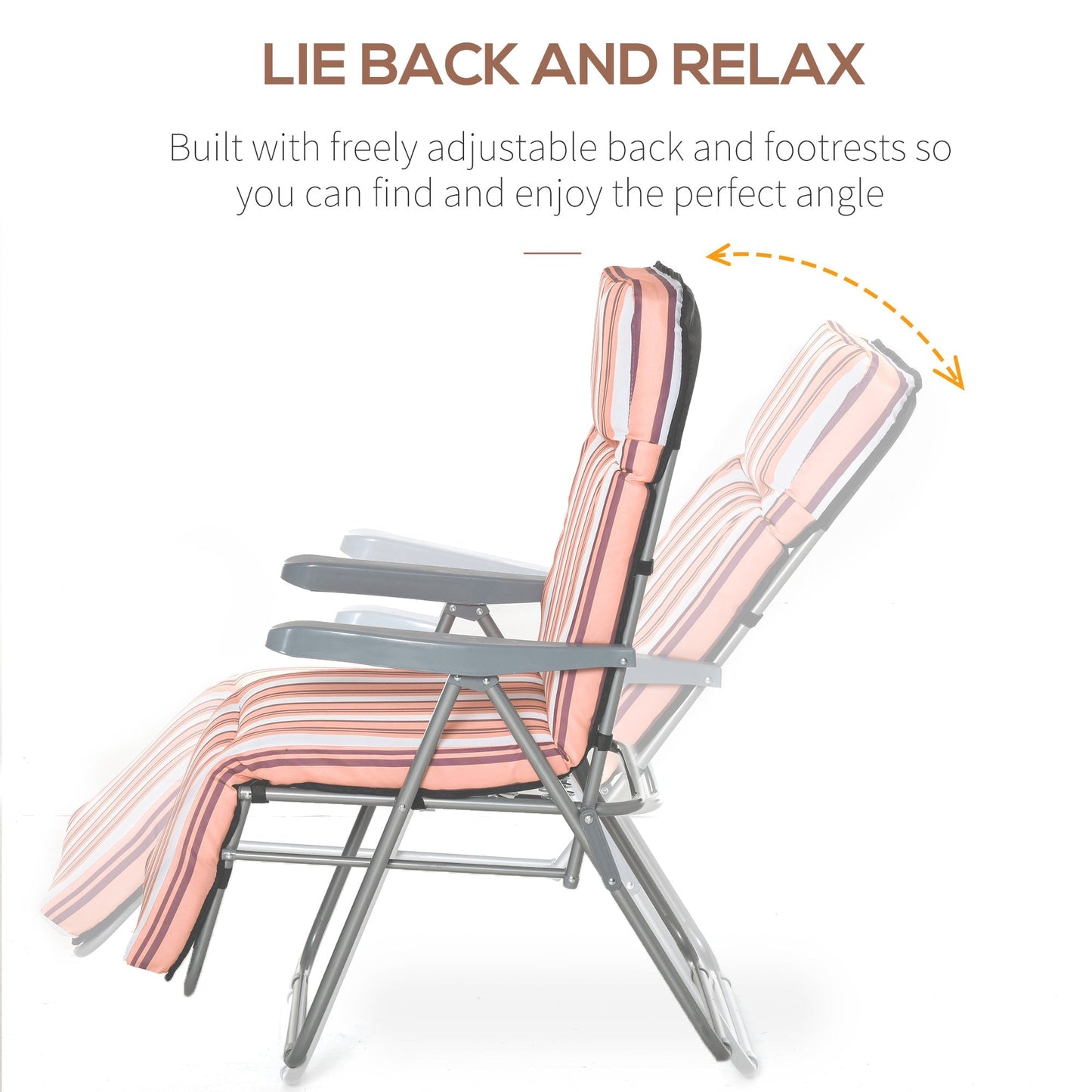 Outsunny Reclining Garden Chair Set of 2, 5-Level Adjustable Zero Gravity Chairs with Cushions, Folding Sun Lounger Garden Recliner Chairs with Armrests for Outdoor, Patio, Orange Stripe