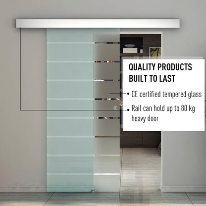 HOMCOM 90cm Sliding Glass Door with Hardware Track Kit, Frosted Tempered Glass with Stripe Pattern, Round Handle