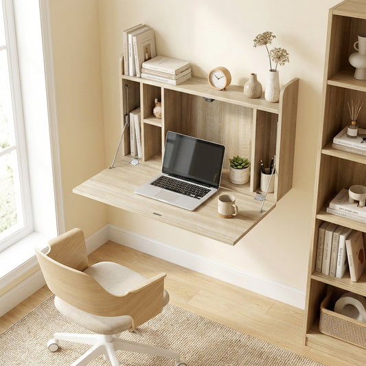 HOMCOM Wall Mounted Desk, Drop Leaf Floating Laptop Desk with Space Saving Storage Compartments for Home Office, Oak