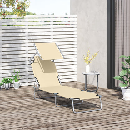 Outsunny Folding Sun Lounger with Canopy, Reclining Sunbed with 4-Position Adjustable Backrest, 600D Oxford Cloth, Portable Garden Lounger Recliner Chair for Beach, Camping, Patio, Beige