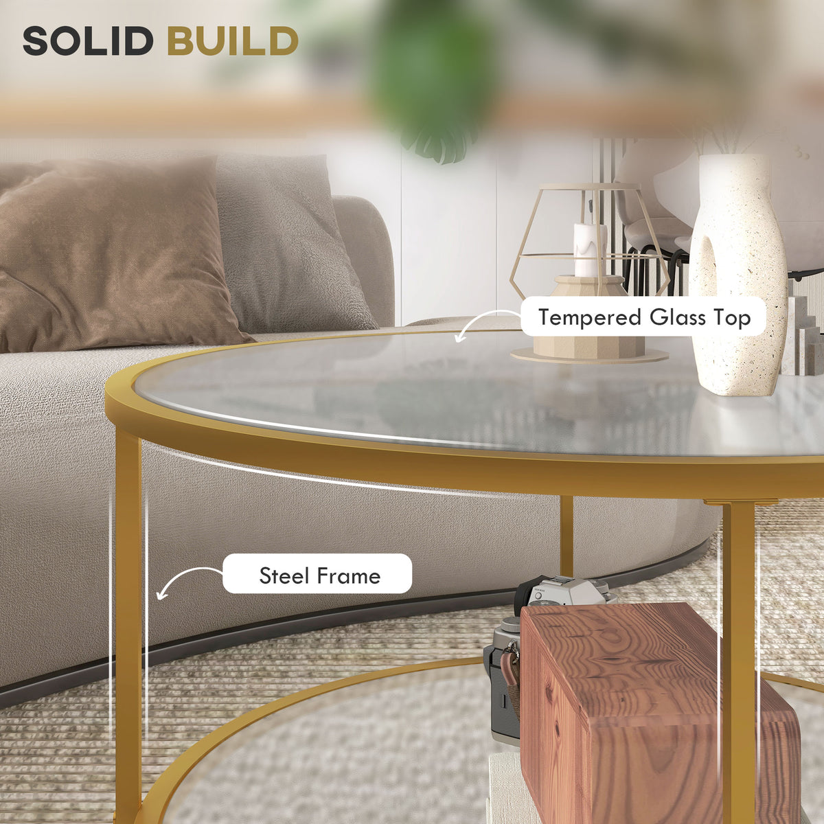 HOMCOM Round Coffee Table with Storage in Gold Tone