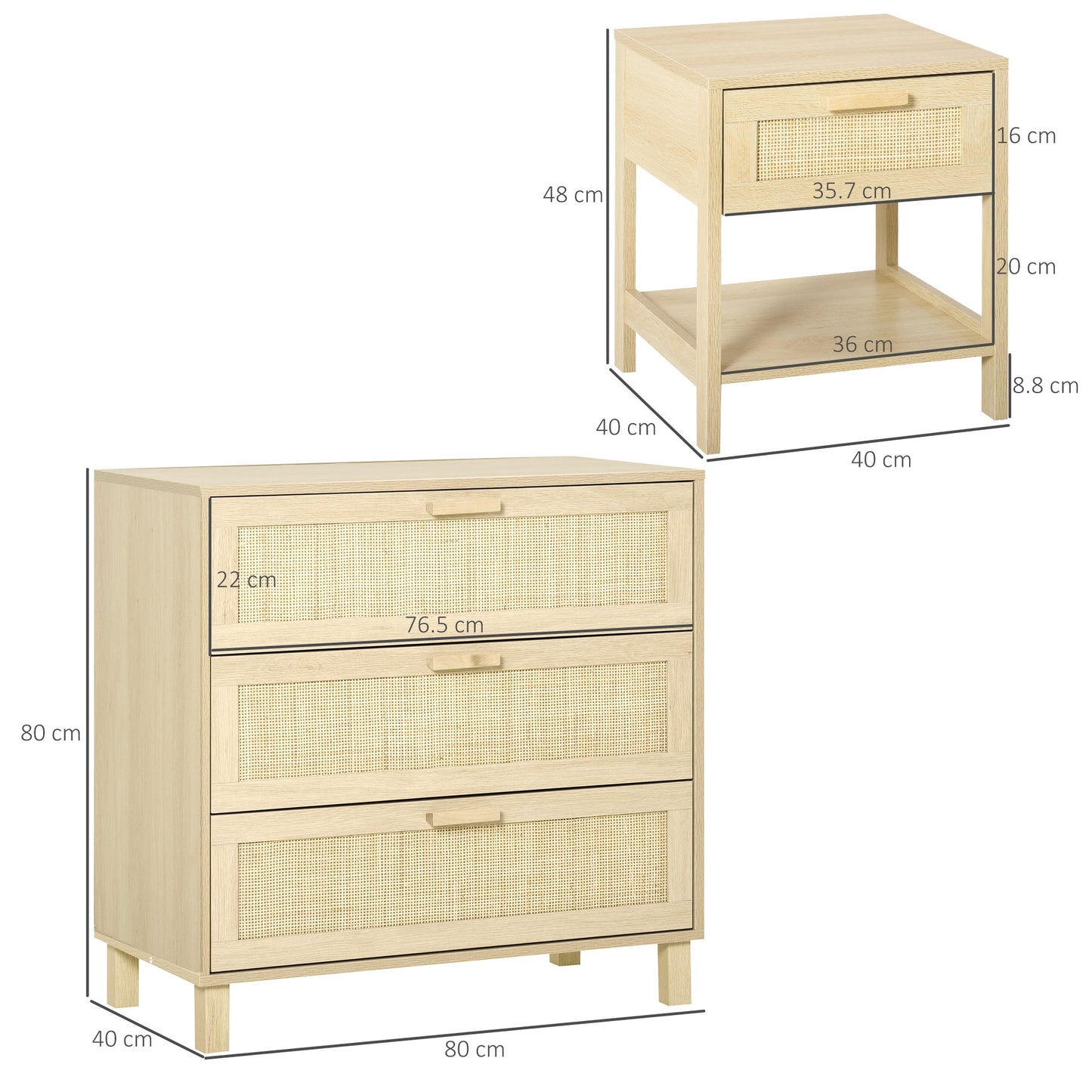 HOMCOM Chest of Drawer and Nightstands, Boho Rattan Furniture Set, Nature Wood Finish