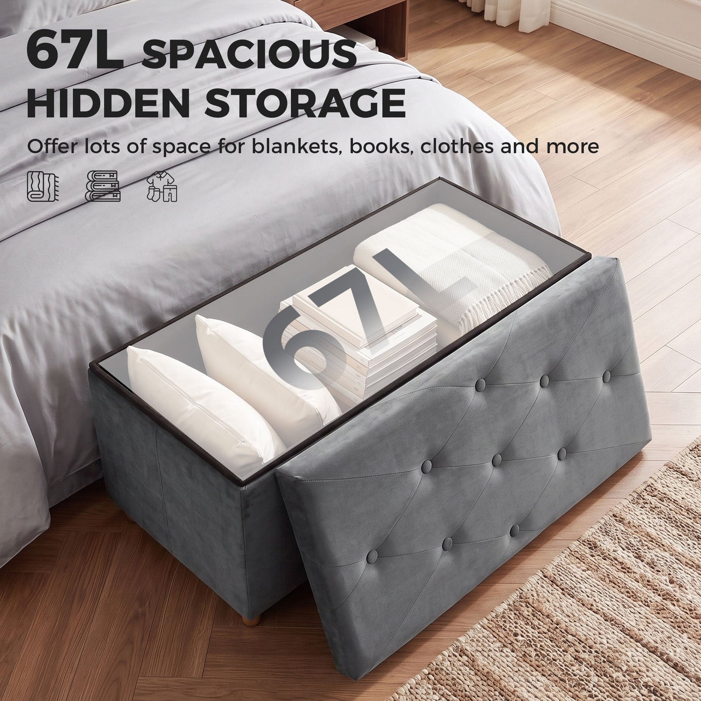 HOMCOM Velvet Upholstered Foldable Ottoman Footrest, Storage Ottoman Bench with Wood Legs for Living Room, Grey